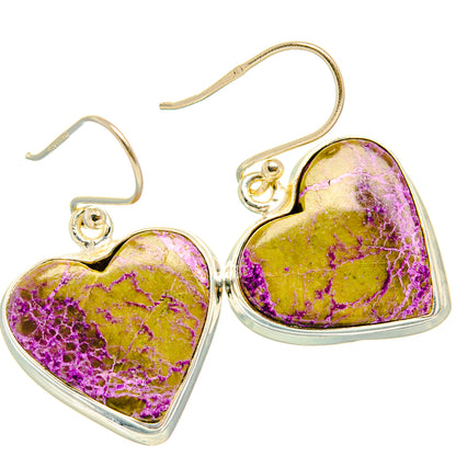925 sterling silver heart earrings with large purple-and-yellow stichtite stone and hooks