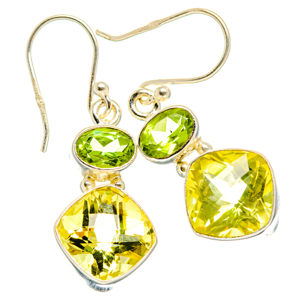 925 sterling silver peridot and lemon quartz dangle earrings, green/yellow faceted hearts