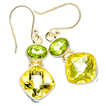 925 sterling silver peridot and lemon quartz dangle earrings, green/yellow faceted hearts