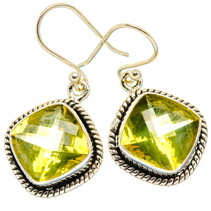 925 sterling silver lemon quartz teardrop dangle earrings with rope-textured bezel, yellow-green