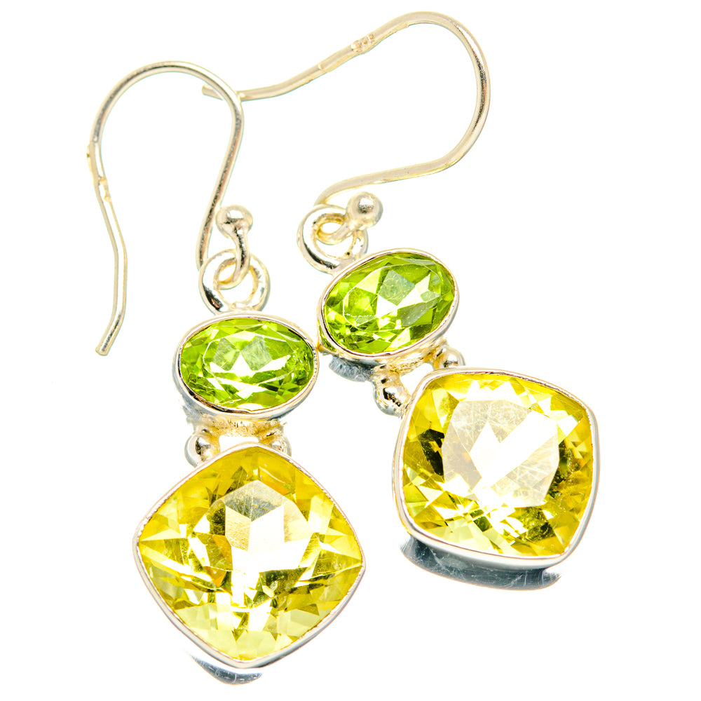 Sterling silver dangle earrings, peridot green and citrine yellow heart stones