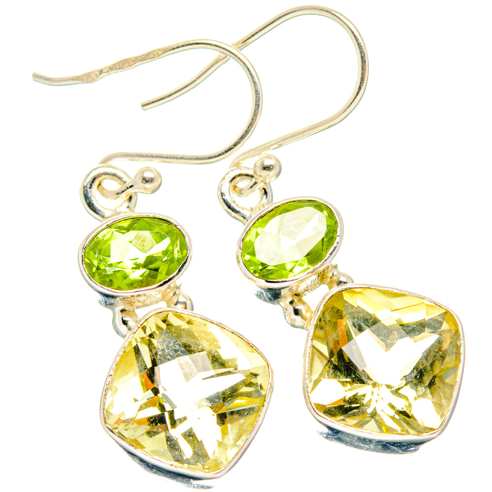 Sterling silver drop earrings with green peridot and yellow citrine faceted stones