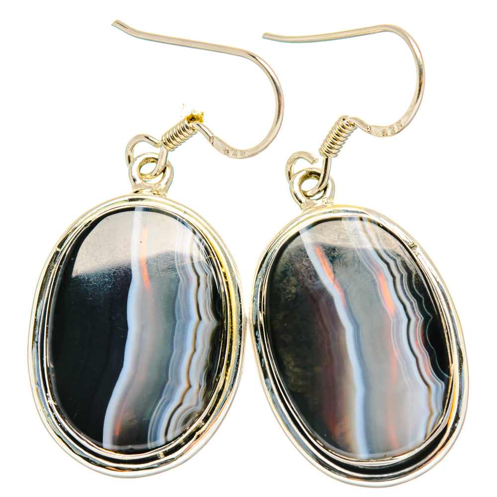 Sterling silver oval agate drop earrings, dark banded cabochons