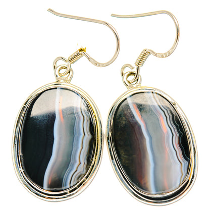 Sterling silver oval agate drop earrings, dark banded cabochons