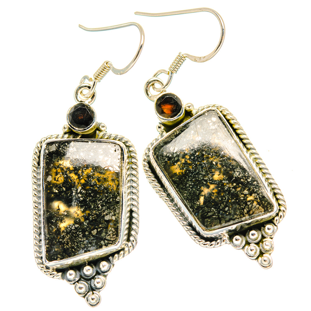 Pair of black pyrite agate drop earrings with gold flecks, ornate silver settings