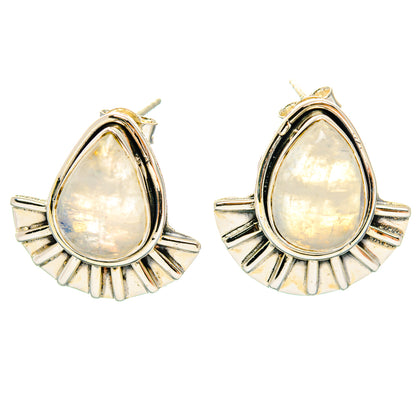 Pair of 925 sterling silver teardrop moonstone earrings with fan-shaped metal accents