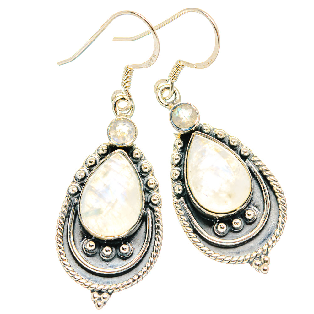 925 sterling silver teardrop moonstone dangle earrings with ornate bezel setting