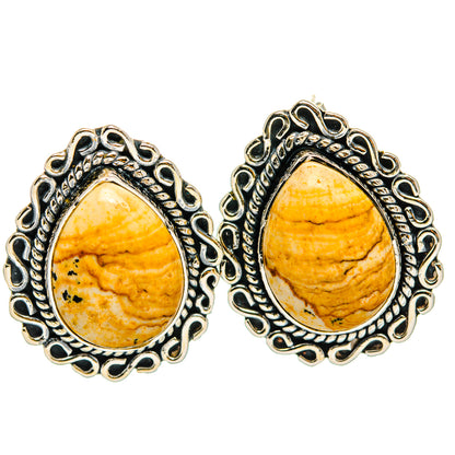 Sterling silver teardrop jasper stud earrings with ornate filigree setting, yellow stone.