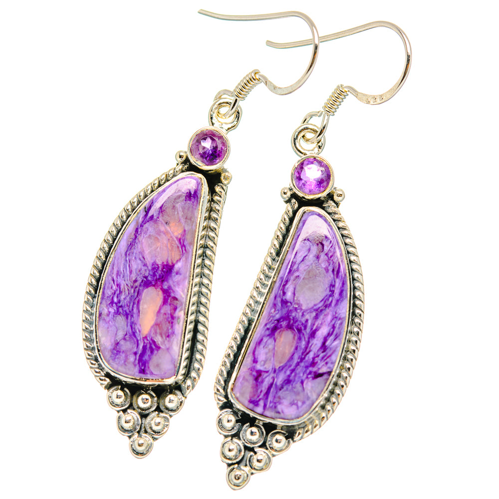 Sterling silver drop earrings with oval purple stones, round purple accents, hanging hook