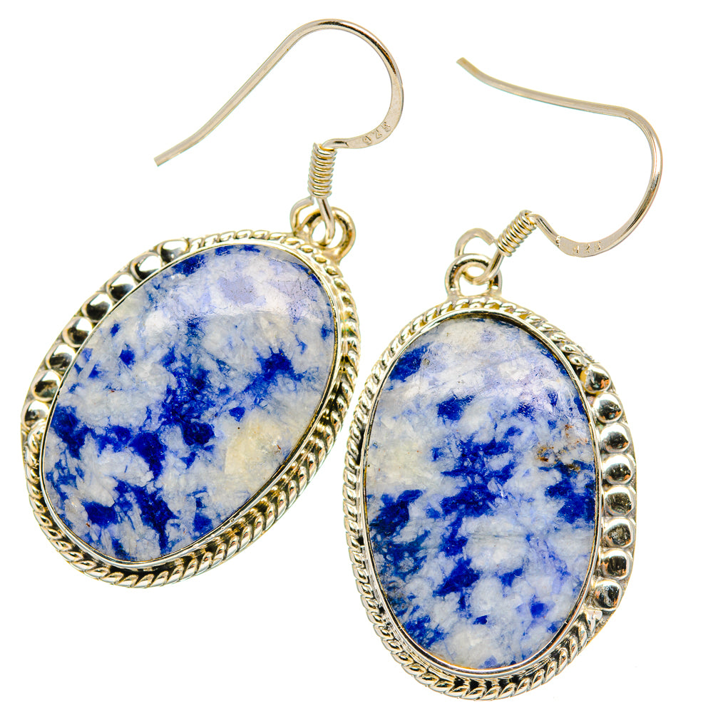 Sodalite oval drop earrings in 925 sterling silver with blue stone and gold-tone bezel