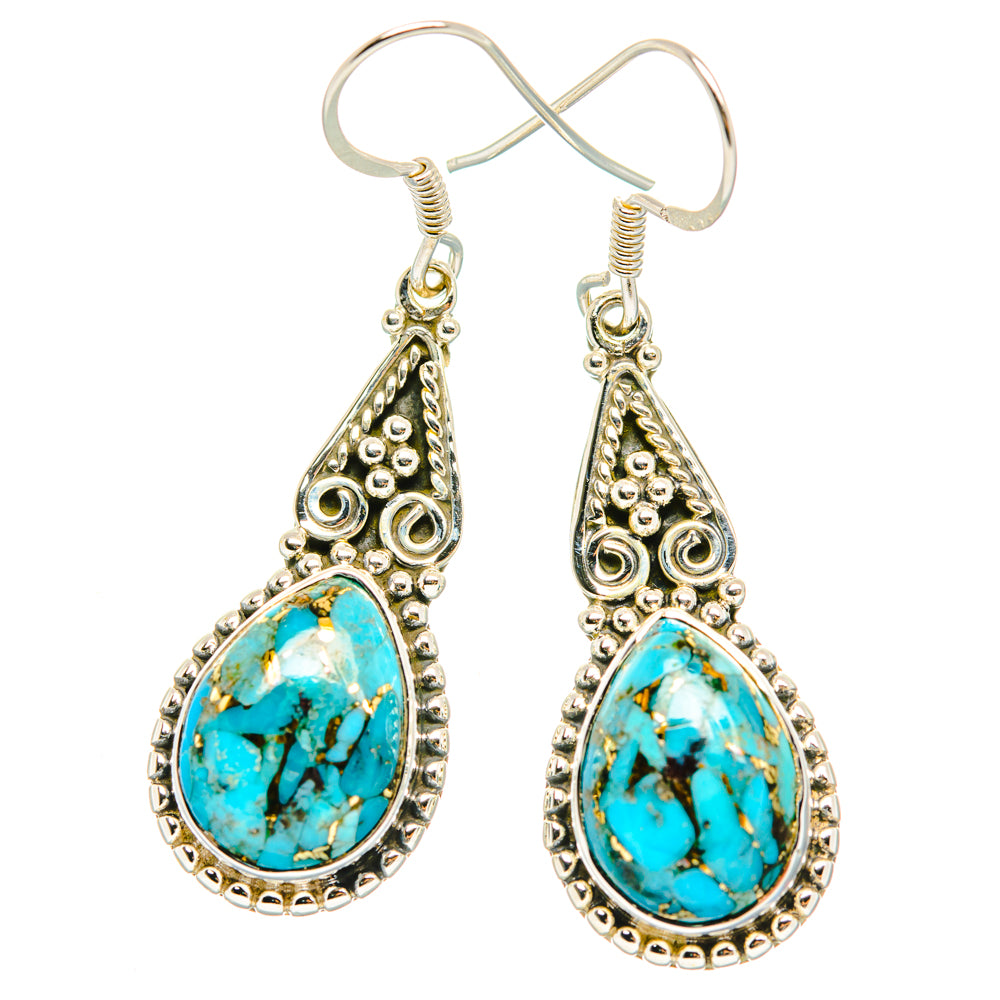 Turquoise teardrop drop earrings, silver-tone filigree border, fishhook backs