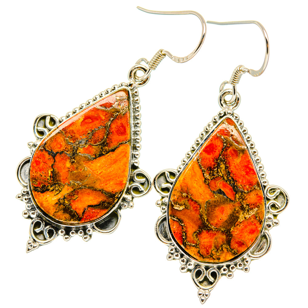 Orange and teal teardrop composite earrings with ornate silver-tone frame and hooks
