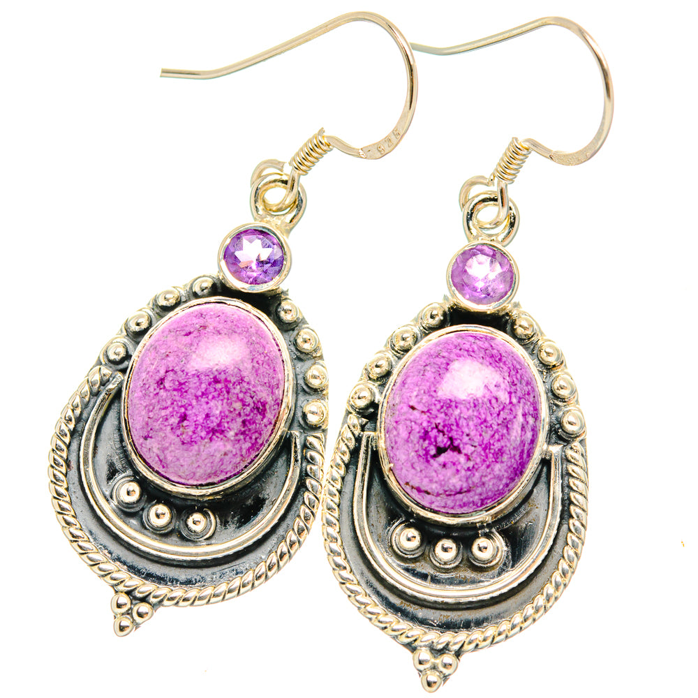 Purple oval drop earrings with teardrop amethyst stone, detailed 925 sterling silver hooks