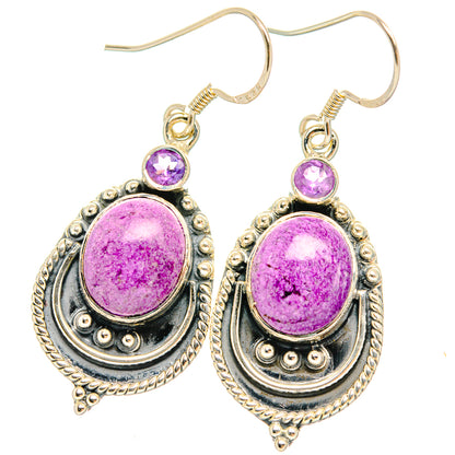 Purple oval drop earrings with teardrop amethyst stone, detailed 925 sterling silver hooks