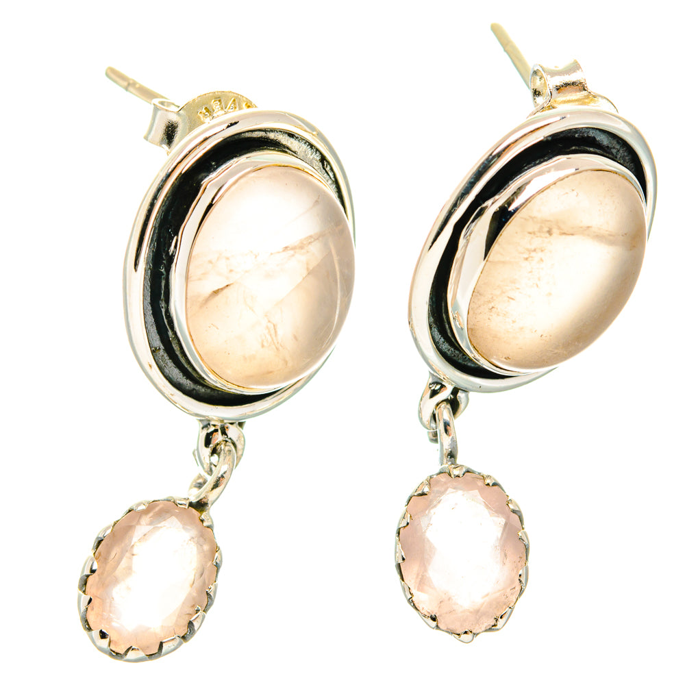 925 sterling silver rose quartz oval earrings with top stud and hanging drop