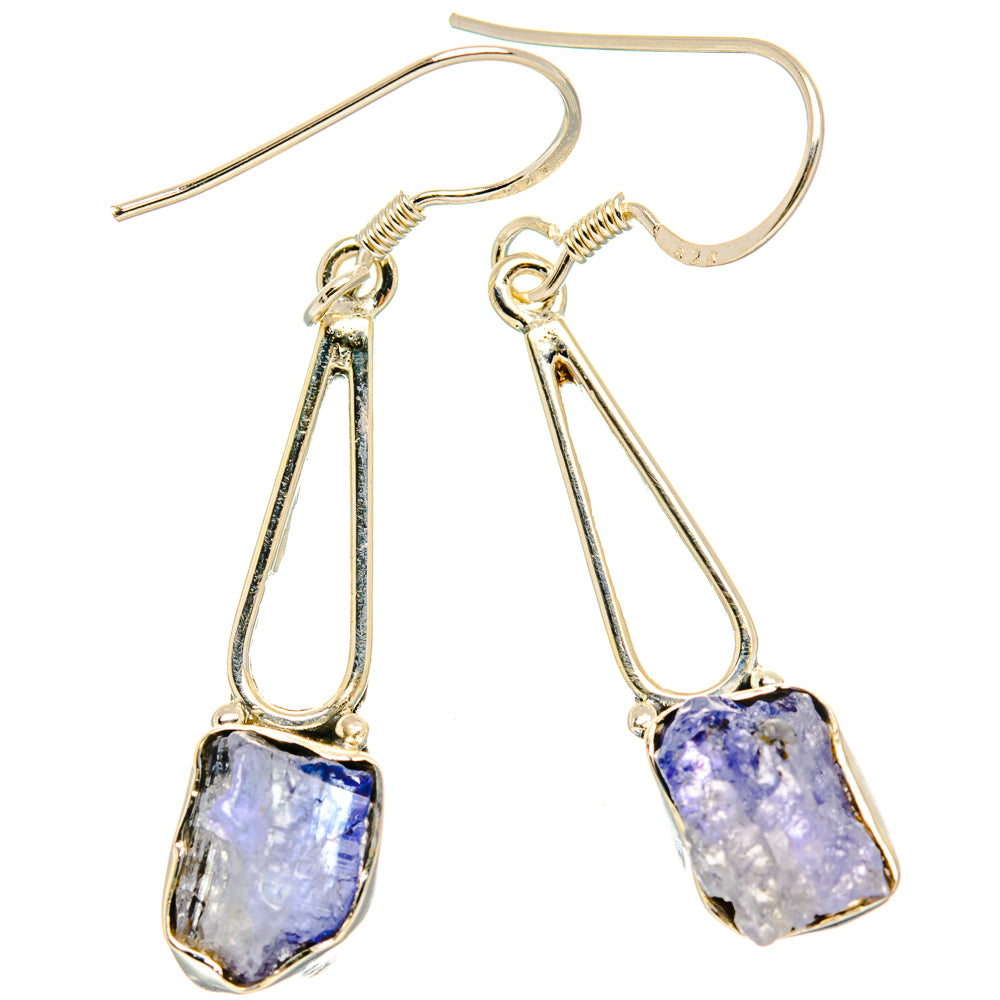 Pair of sterling silver tanzanite drop earrings with rough blue-purple stones