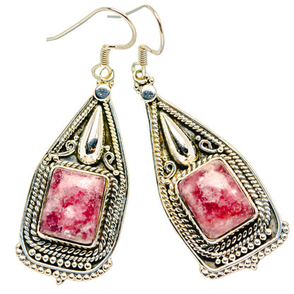 Sterling silver teardrop drop earrings with pink stone and filigree border