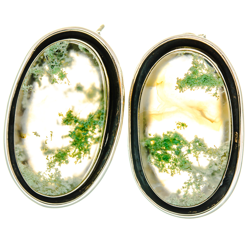 Oval green moss agate stud earrings in 925 sterling silver bezel, front view