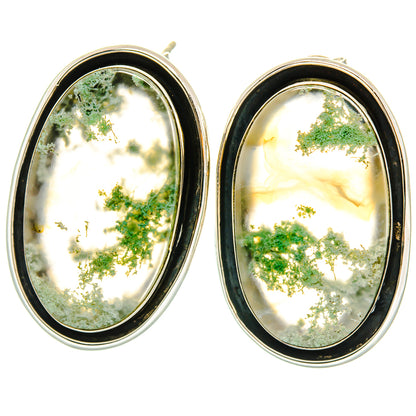 Oval green moss agate stud earrings in 925 sterling silver bezel, front view