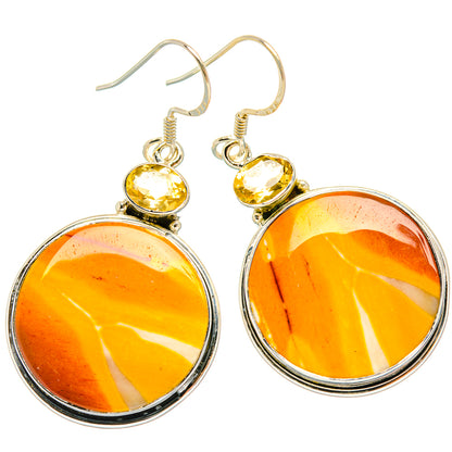 Citrine drop earrings: round orange stones with silver frames, small top accents
