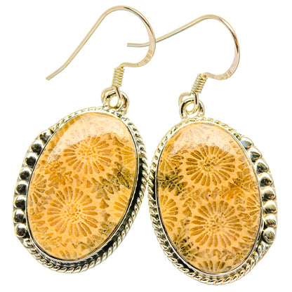 Oval fossil coral drop earrings, 925 sterling silver hooks, oval beaded bezels