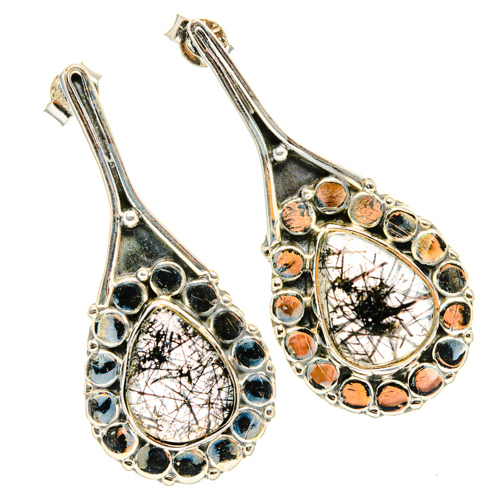 Sterling silver teardrop earrings with tourmalinated quartz and multicolor stone bezel