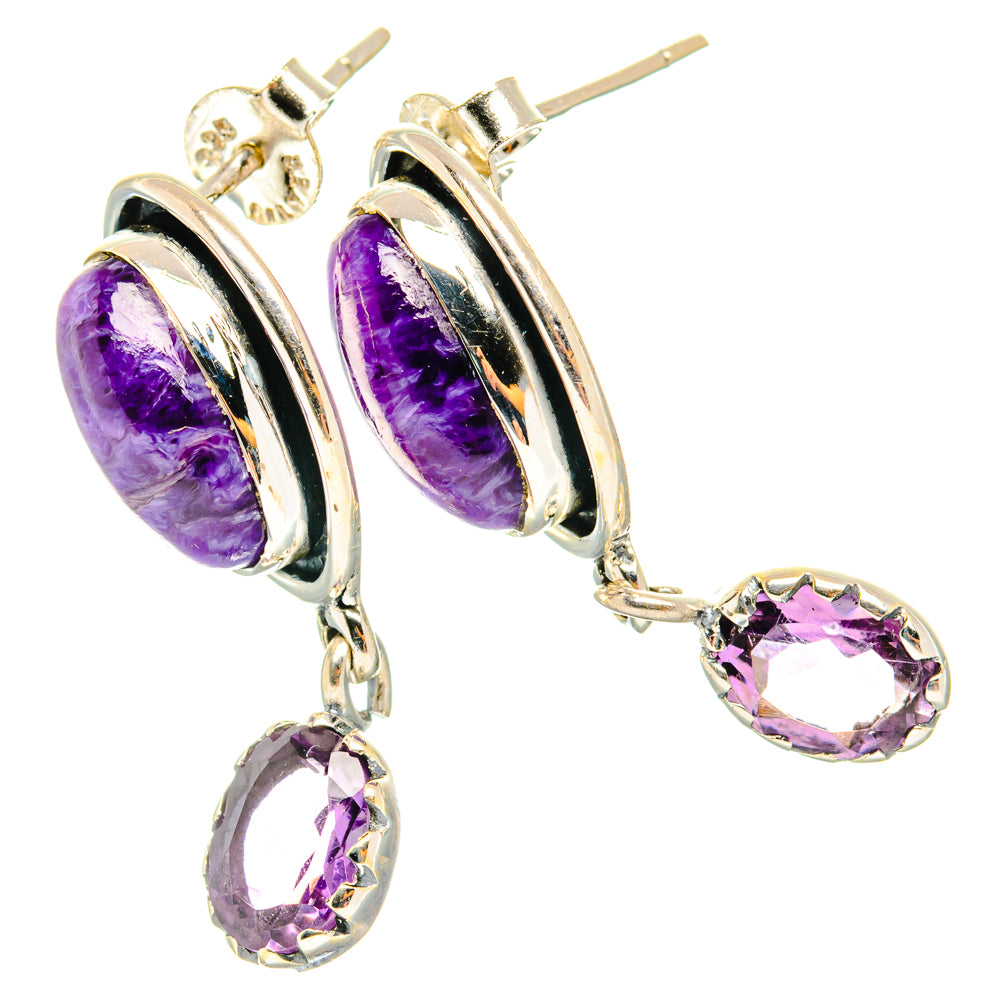 Sterling silver hoop-style earrings with oval purple charoite and faceted amethyst drops