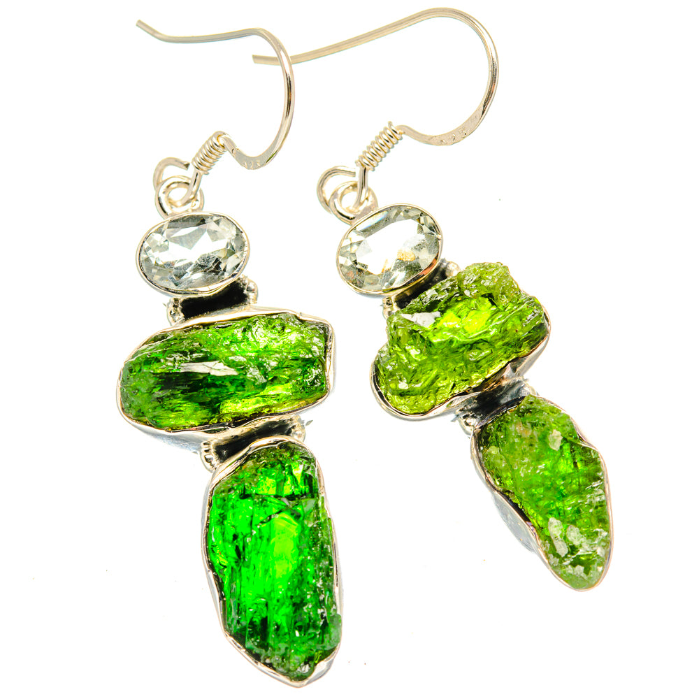 Pair of sterling silver hook earrings with rough green and clear gemstone drops