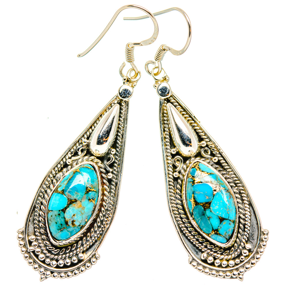 Pair of turquoise teardrop earrings, ornate silver-tone filigree, fishhook style