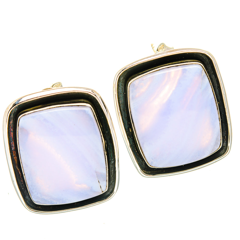 Square blue lace agate stud earrings in sterling silver, pair view