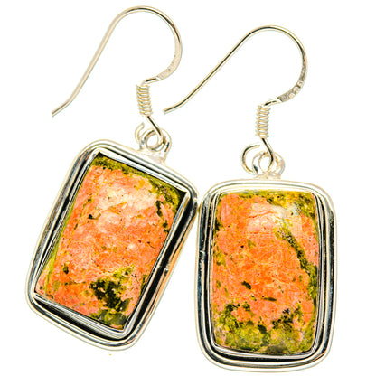 Unakite earrings in 925 sterling silver, square framed stones, fishhook dangles