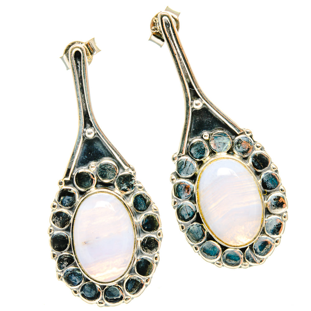 Blue lace agate teardrop drop earrings, 925 silver prongs and blue stone border, oval face