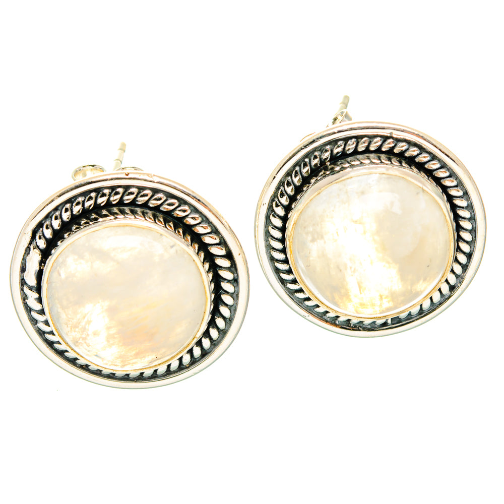 925 sterling silver round moonstone stud earrings with engraved bezel and bead border