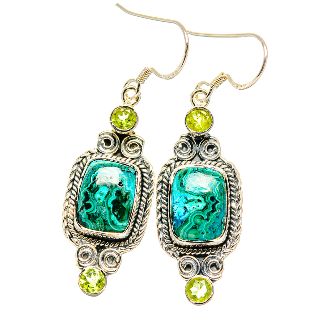 Sterling silver dangle earrings with turquoise malachite/chrysocolla center and peridot drops.