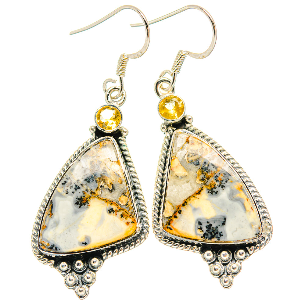 Teardrop sterling silver drop earrings with dendritic agate and round citrine accents