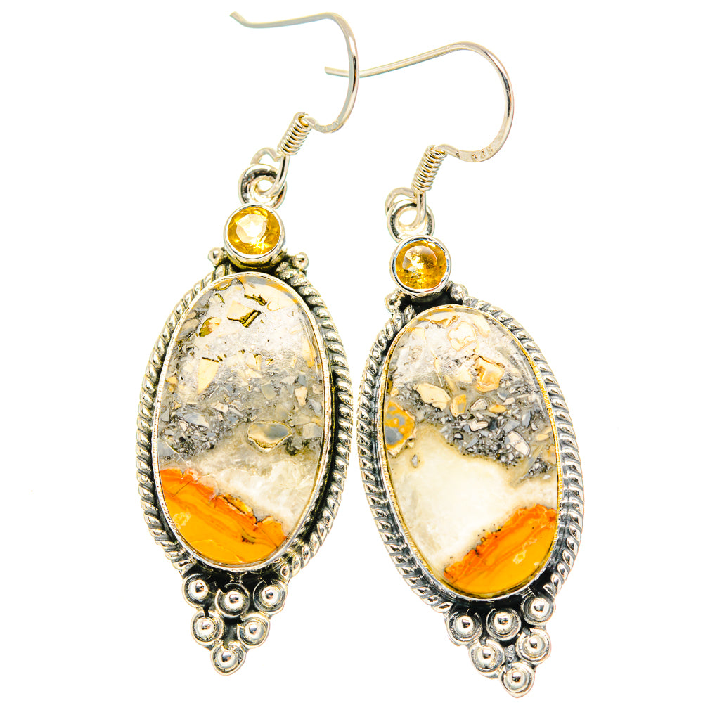 Oval dangle earrings with oval yellow-orange stone and white druzy center, 925 silver hooks