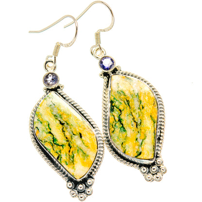 Teardrop green jasper dangle earrings with blue cabochon tops, sterling silver