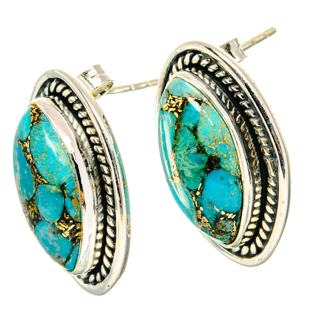 925 sterling silver turquoise oval stud earrings with ornate rope edge settings