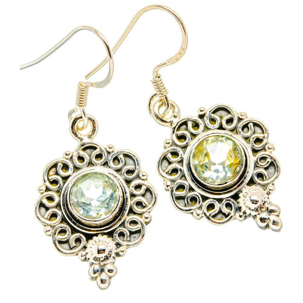 Blue topaz drop earrings in round filigree settings with sterling silver hooks