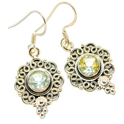 Blue topaz drop earrings in round filigree settings with sterling silver hooks