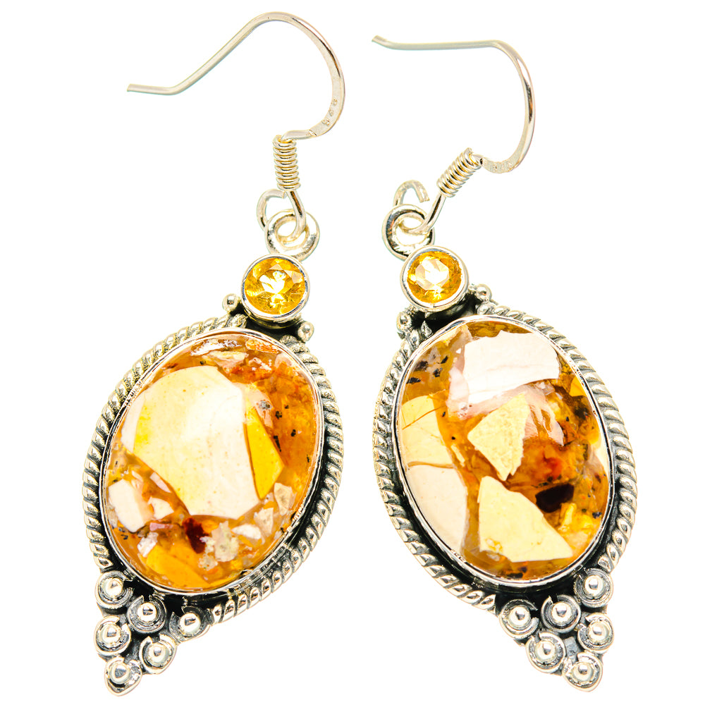 Oval amber-yellow gemstone dangle earrings, silver hooks with round citrine top accents