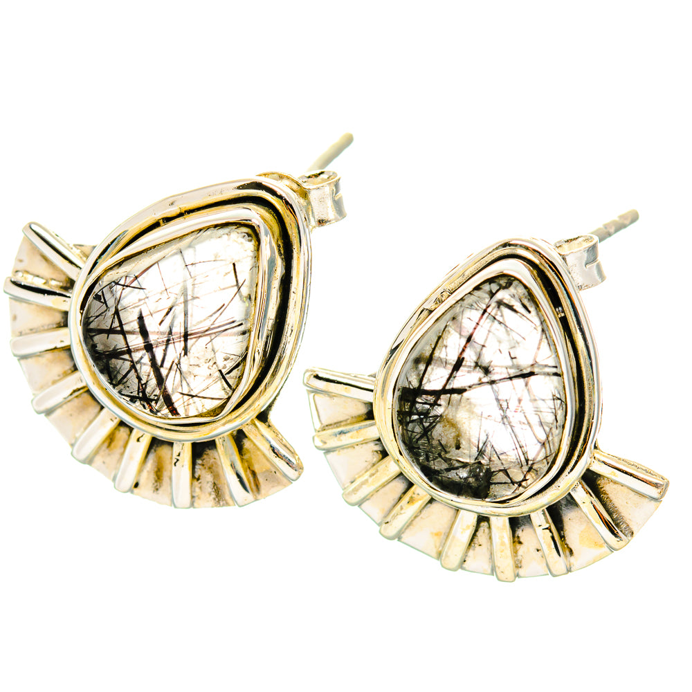 Sterling silver tourmalinated quartz teardrop earrings with fan-like ridged edges