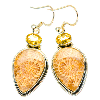 Fossil coral and citrine teardrop drop earrings, 925 sterling silver, curved hooks