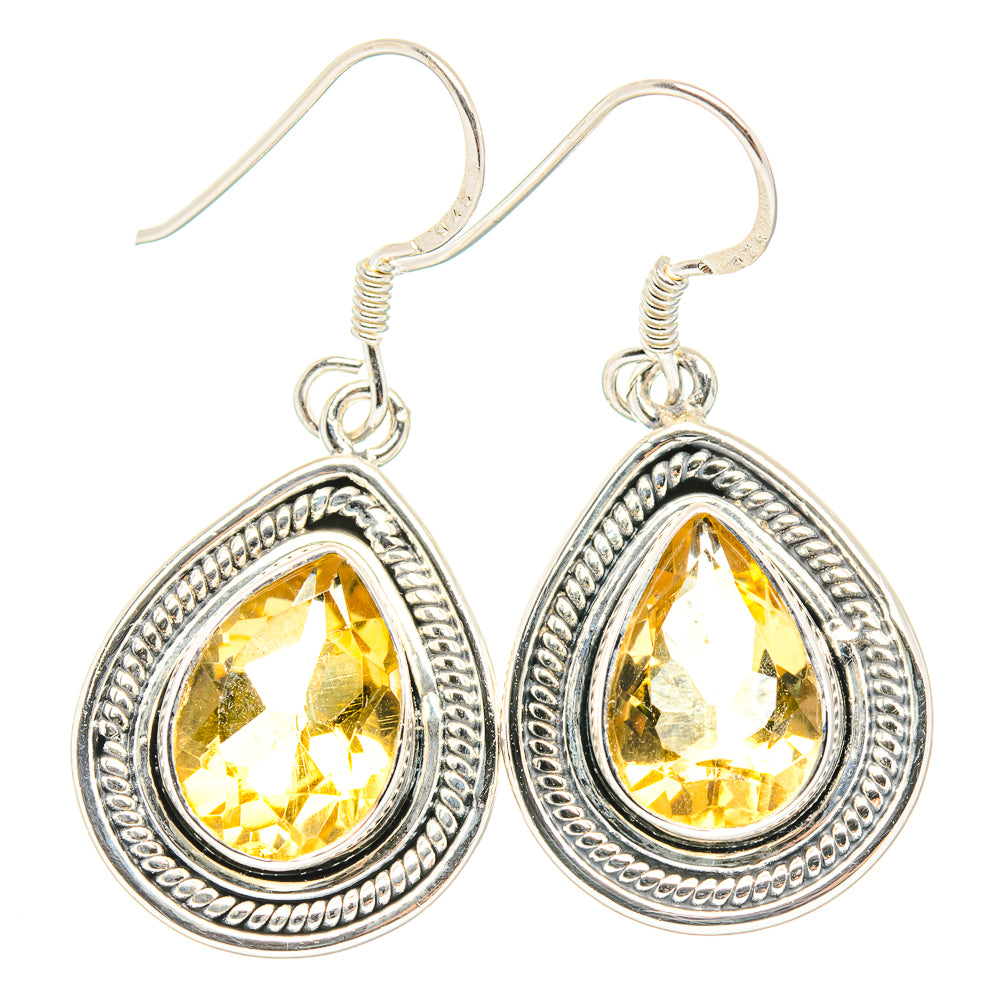 Silver teardrop hook earrings with bright faceted citrine drops, ornate border frame