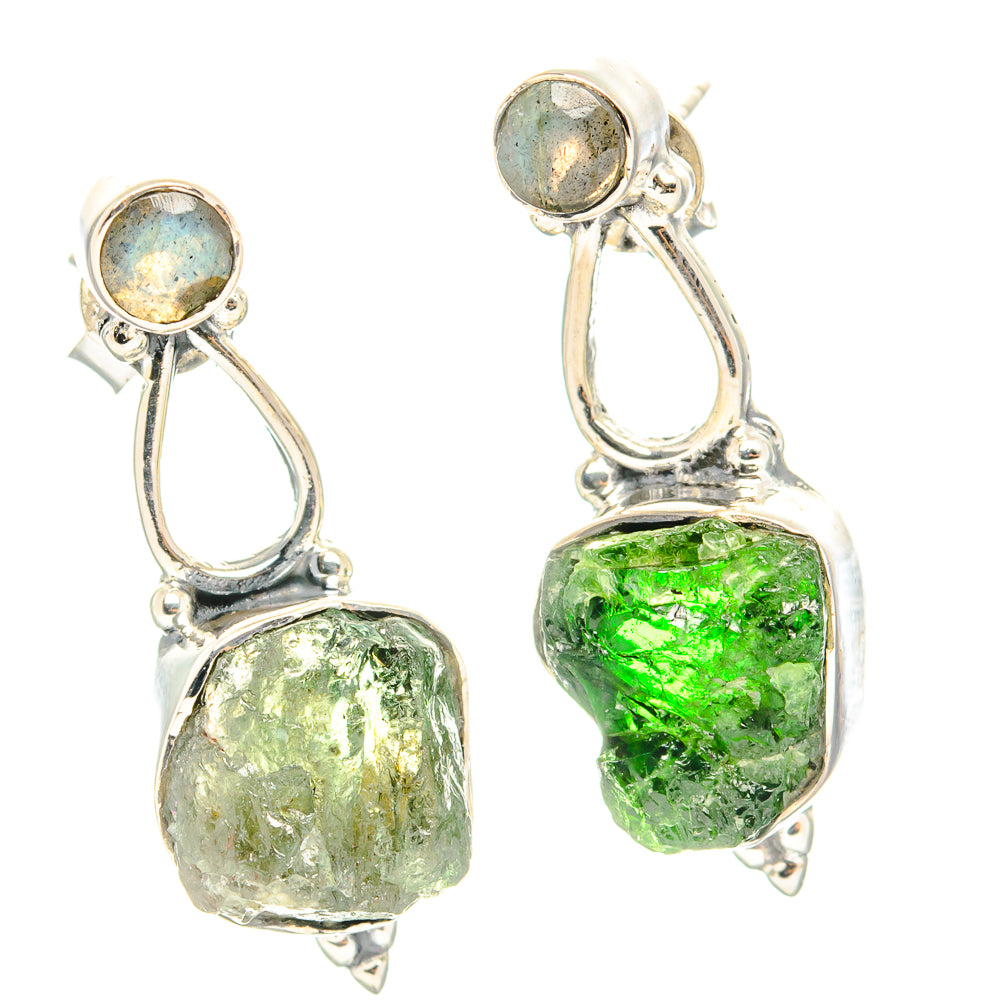 925 sterling silver earrings with round dark stone and rough green drop stones