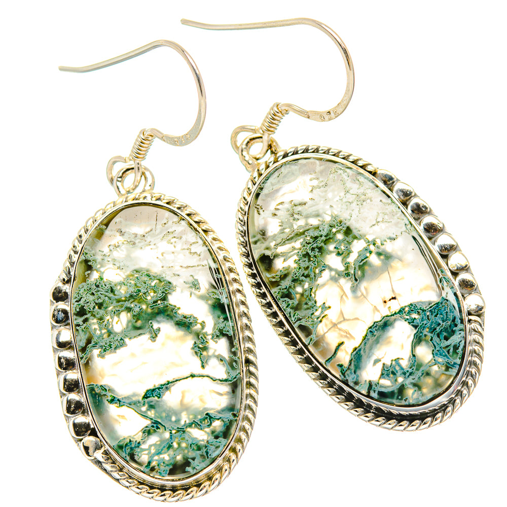 Oval green moss agate earrings with ornate silver rope border and fishhook closures