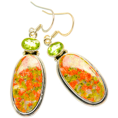 925 sterling silver drop earrings with peridot green top and multicolor oval unakite stones