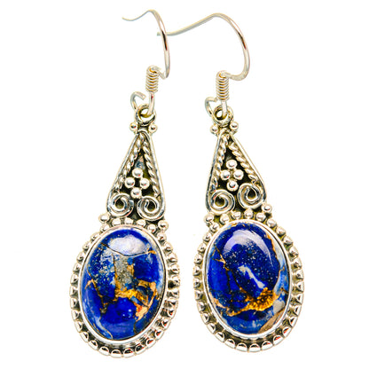 Sterling silver oval lapis lazuli drop earrings with ornate beaded filigree settings