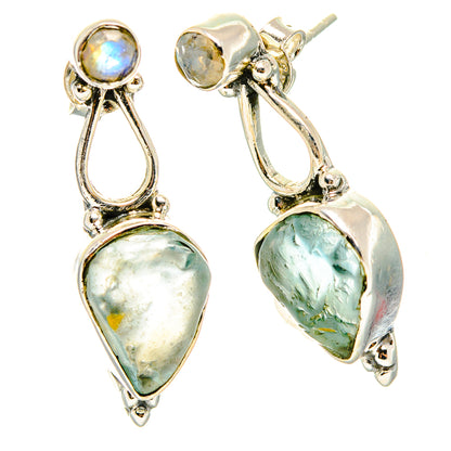 Sterling silver drop earrings with rough moonstone cabochons in blue-green opalescence