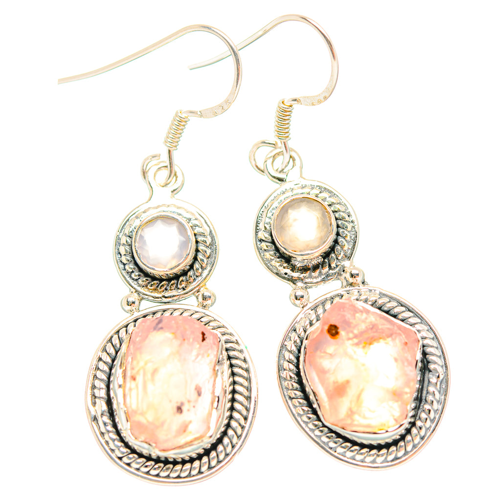 Rough rose quartz oval drop earrings in 925 sterling silver with textured halo